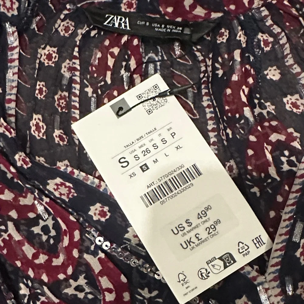 Zara Navy Boho Women's Blouse with Silver Metallic Thread NWT - Picture 2 of 4